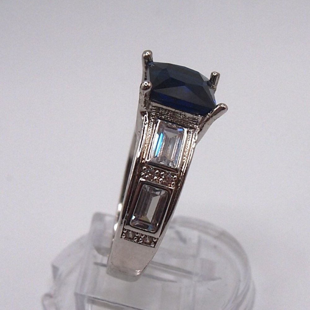 Ladies Large Blue Sapphire Princess Cut  Bridal Ring .925 Solid Sterling Silver - Picture 7 of 12